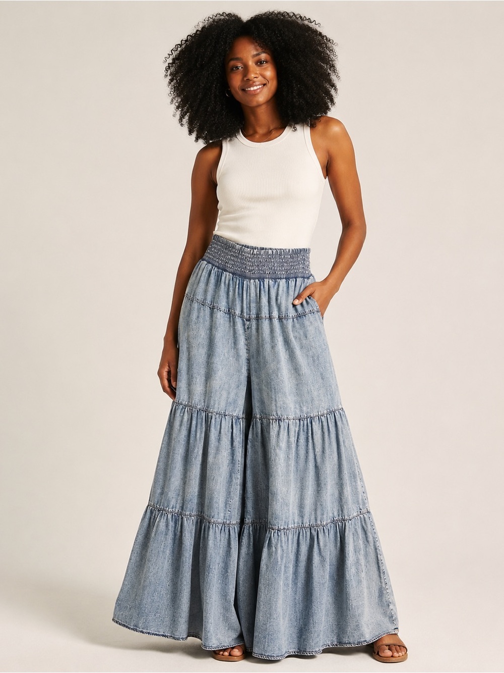 eesome Blue Chambray Tiered Wide Leg Palazzo Pants Smocked Waist Boho Lagenlook